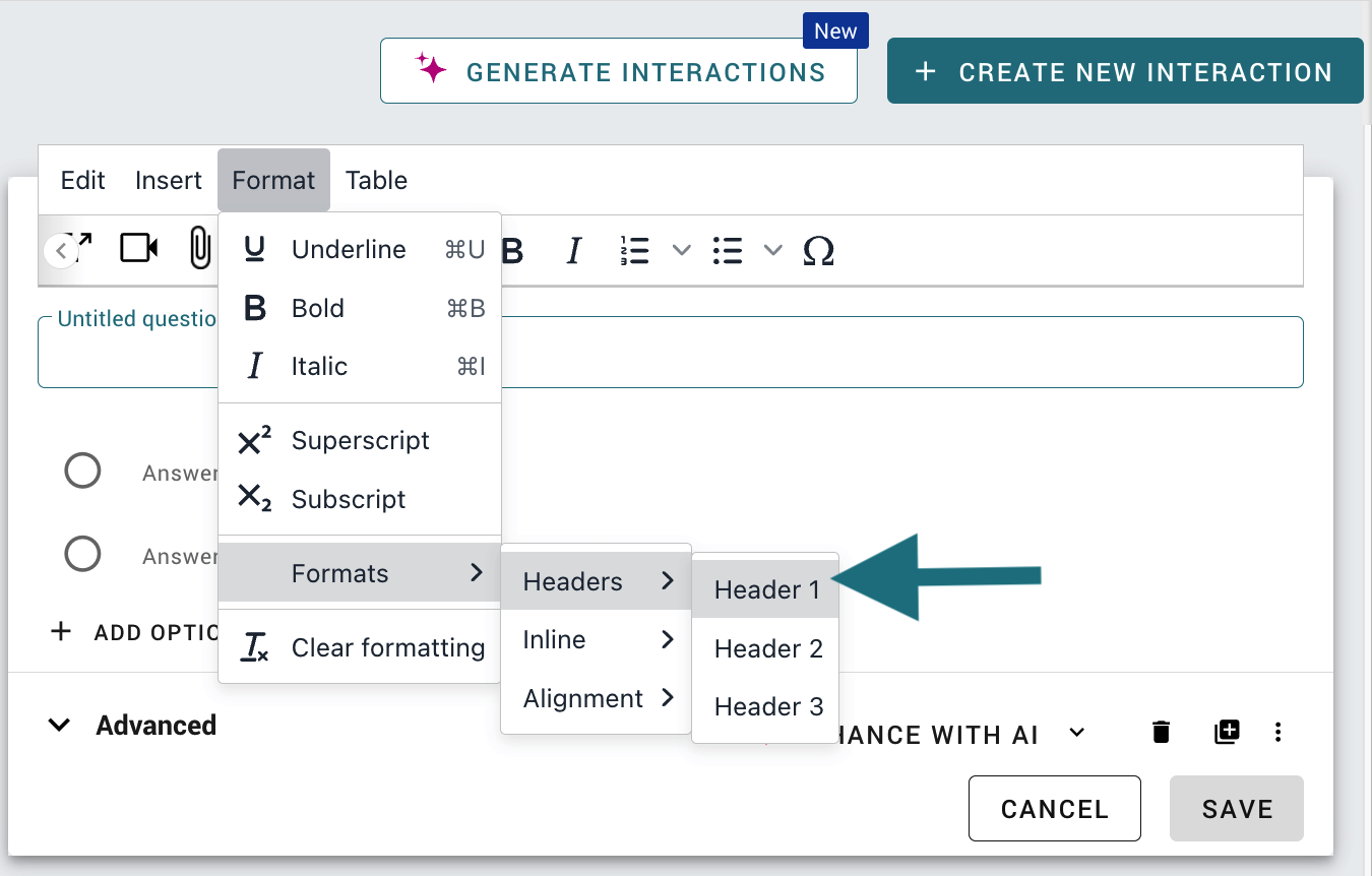 Adjusting header types and sizes in an interaction in WeVideo. 