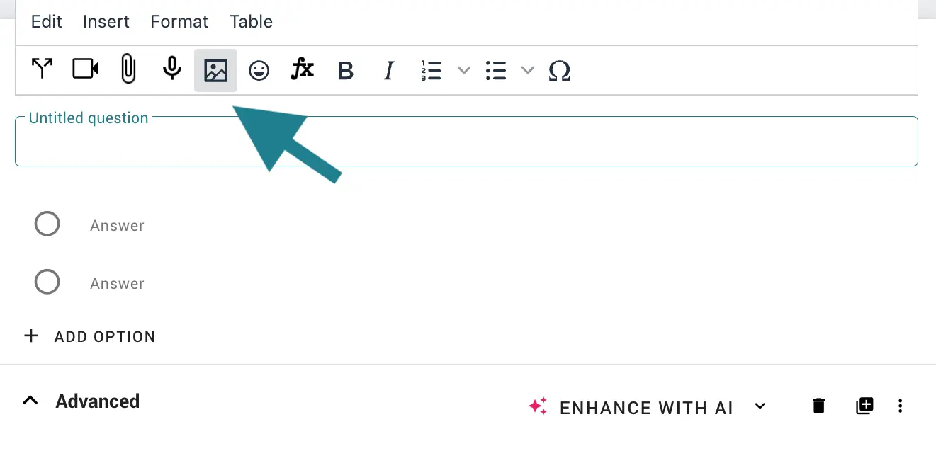 Selecting the upload image icon in WeVideo's rich text editor. 