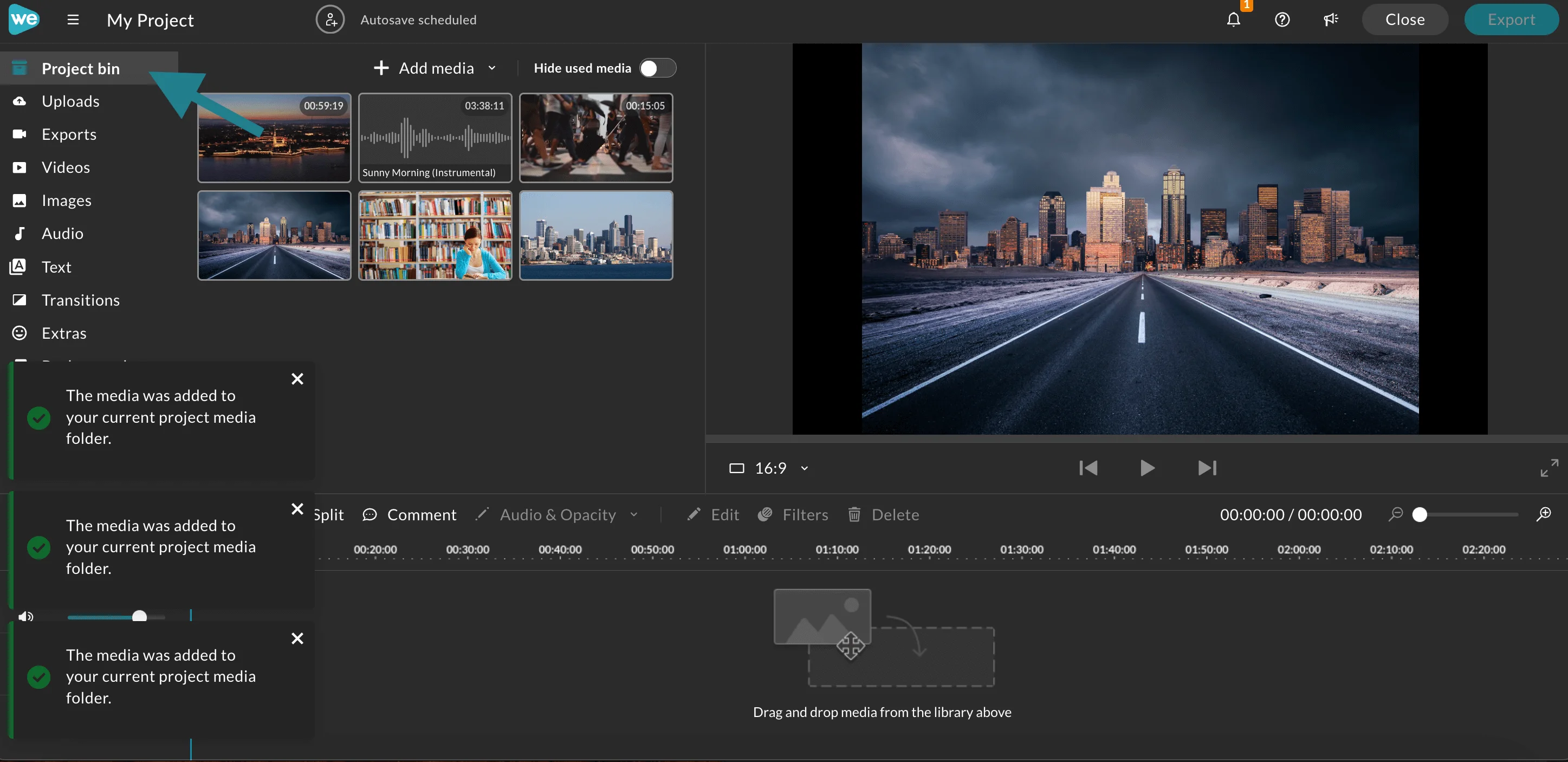 The Project bin tab in WeVideo. 
