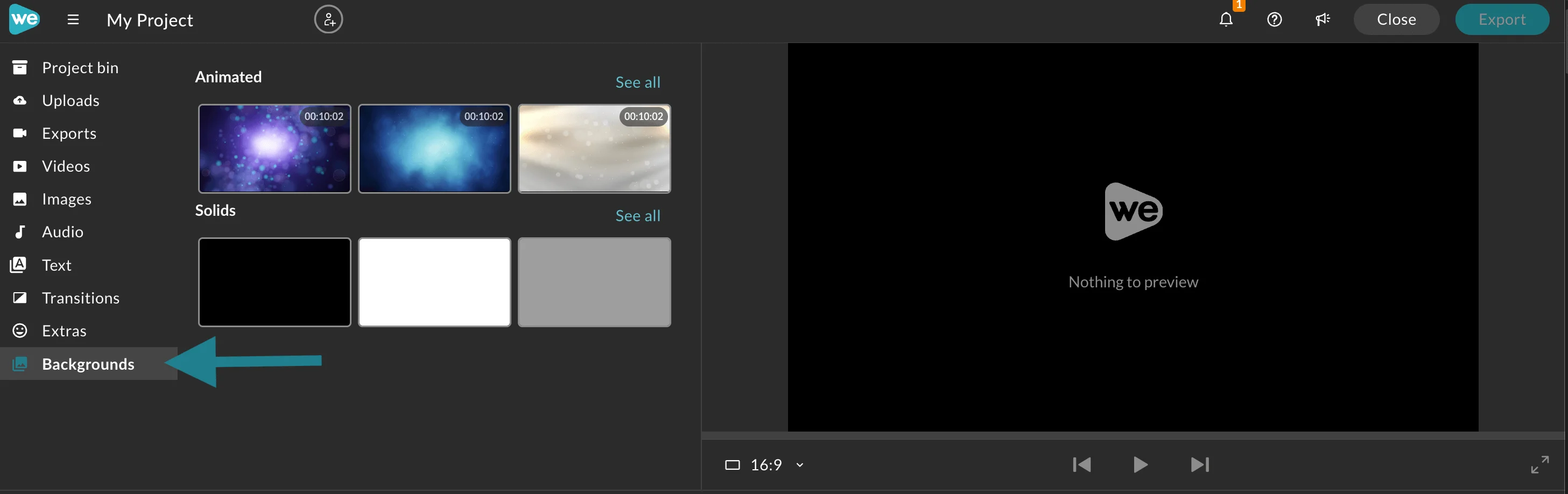 The Backgrounds tab in WeVideo. 