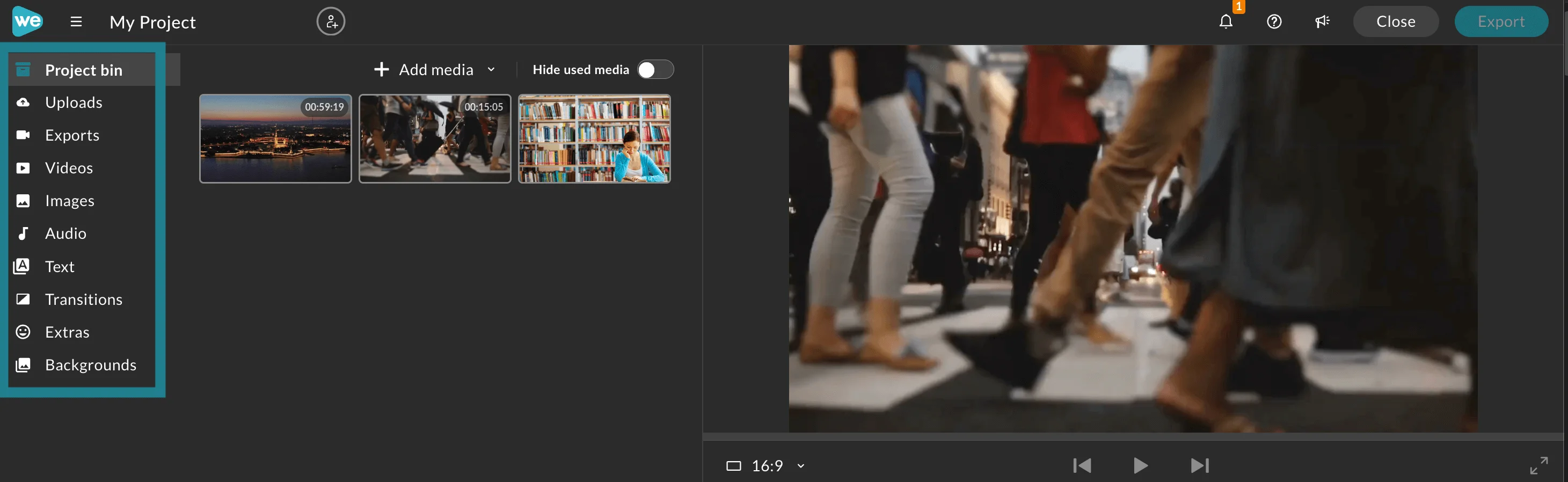 Project bin in WeVideo. 
