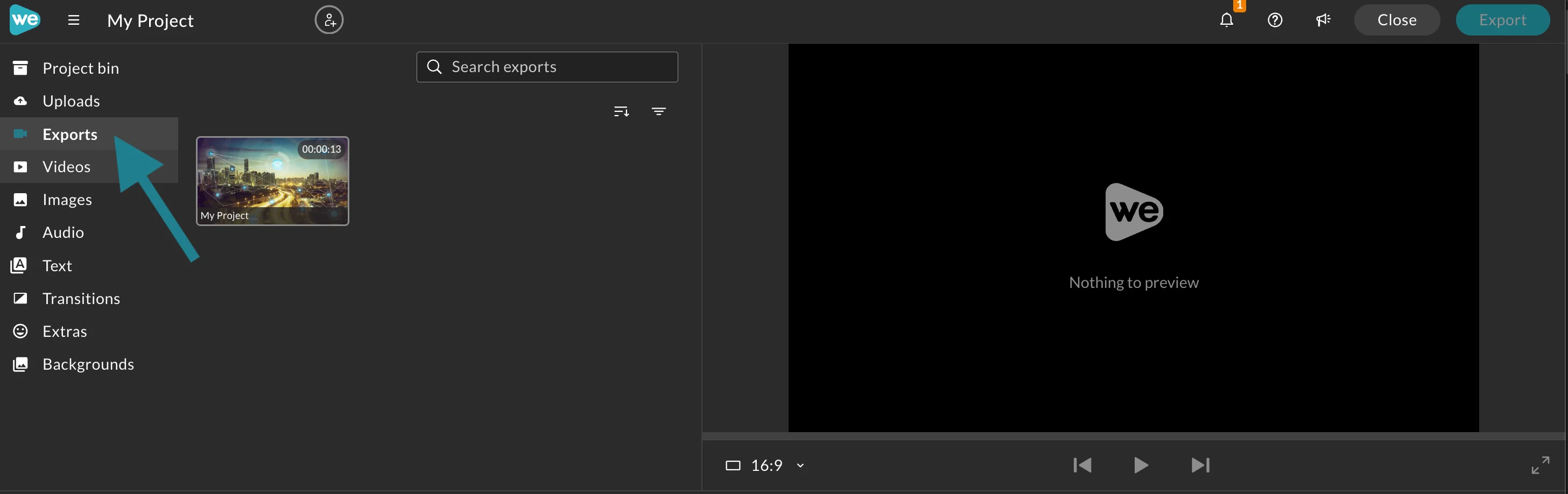 The Exports tab in WeVideo. 