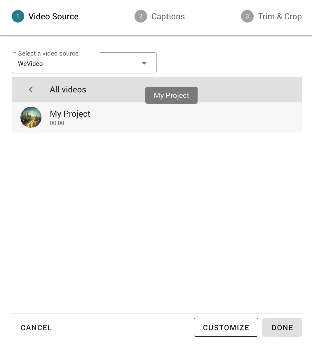 List of WeVideo projects available for interactive video creation. 