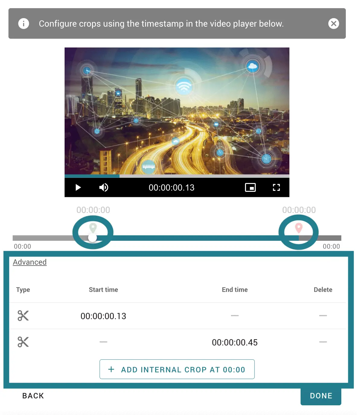 Trimming and cropping a video in WeVideo's Interactivity space. 