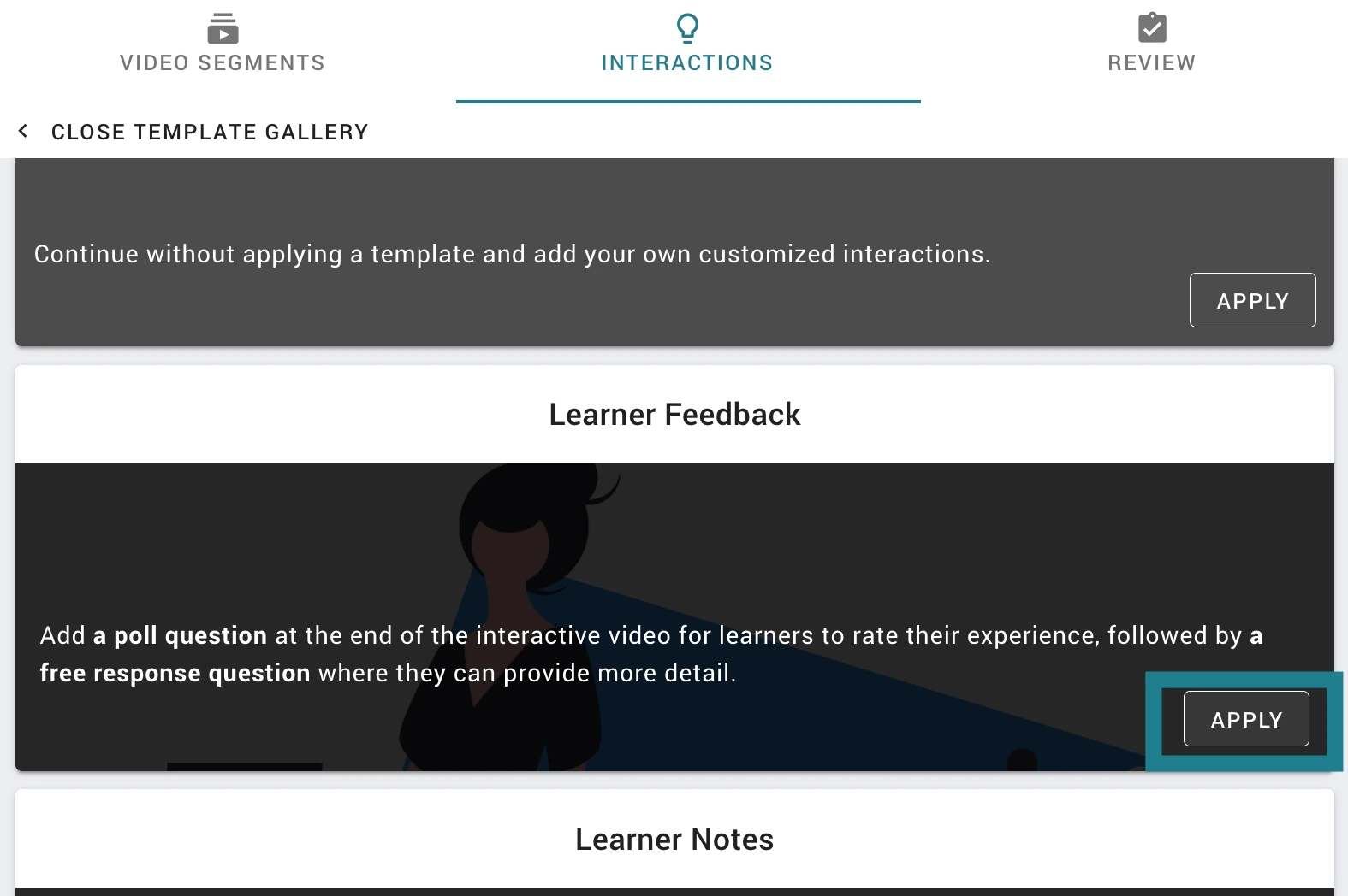 Interaction template options in WeVideo. 