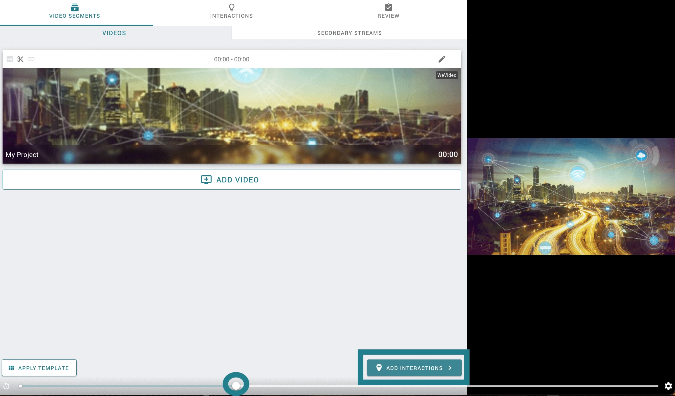 Interactive video interface in WeVideo. Add Interactions button highlighted. 