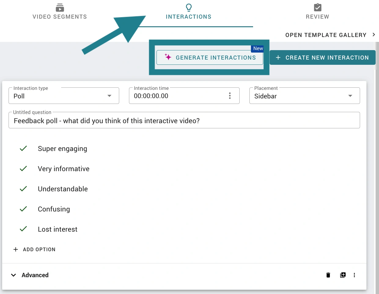 Accessing the AI Interactions tool in WeVideo. 
