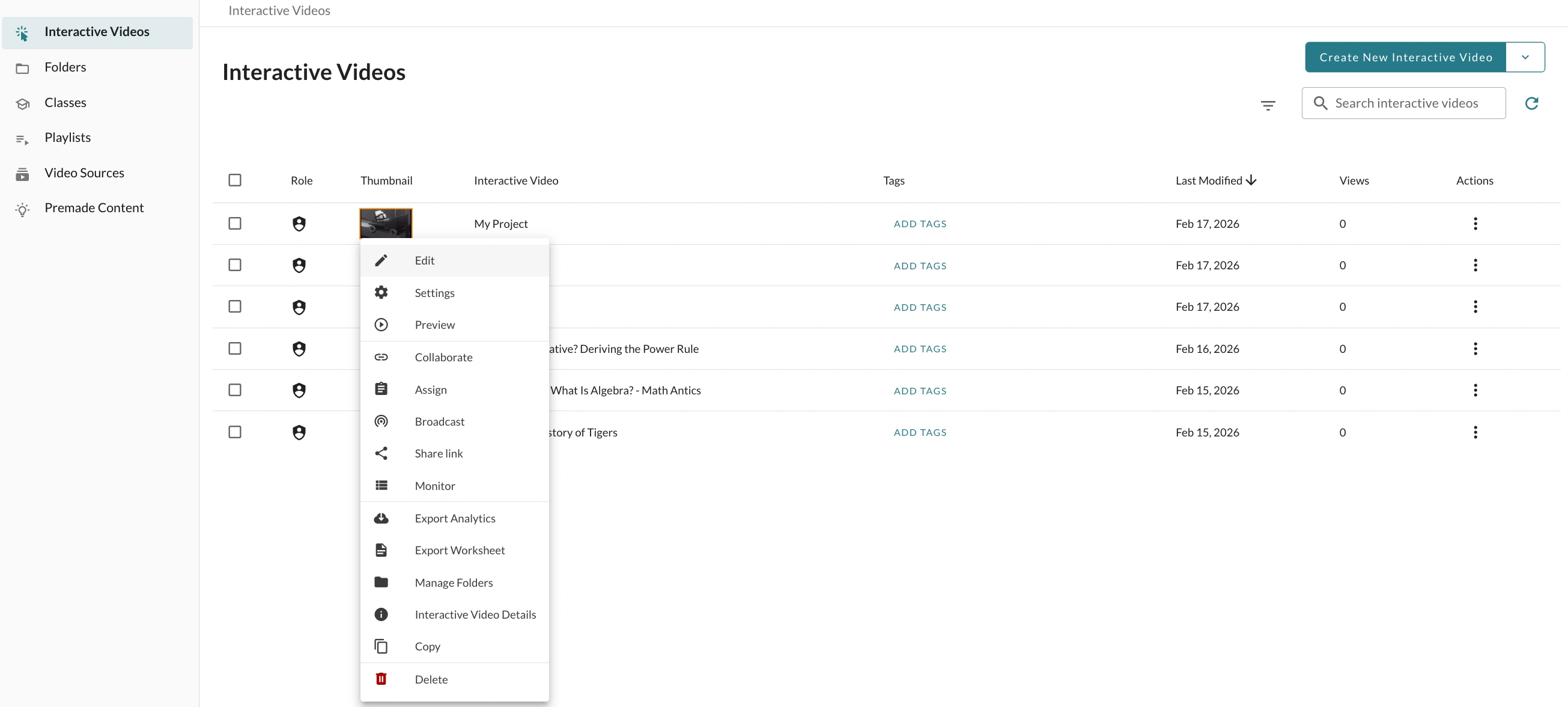 Interactive video library and drop-down menu with various actions. 