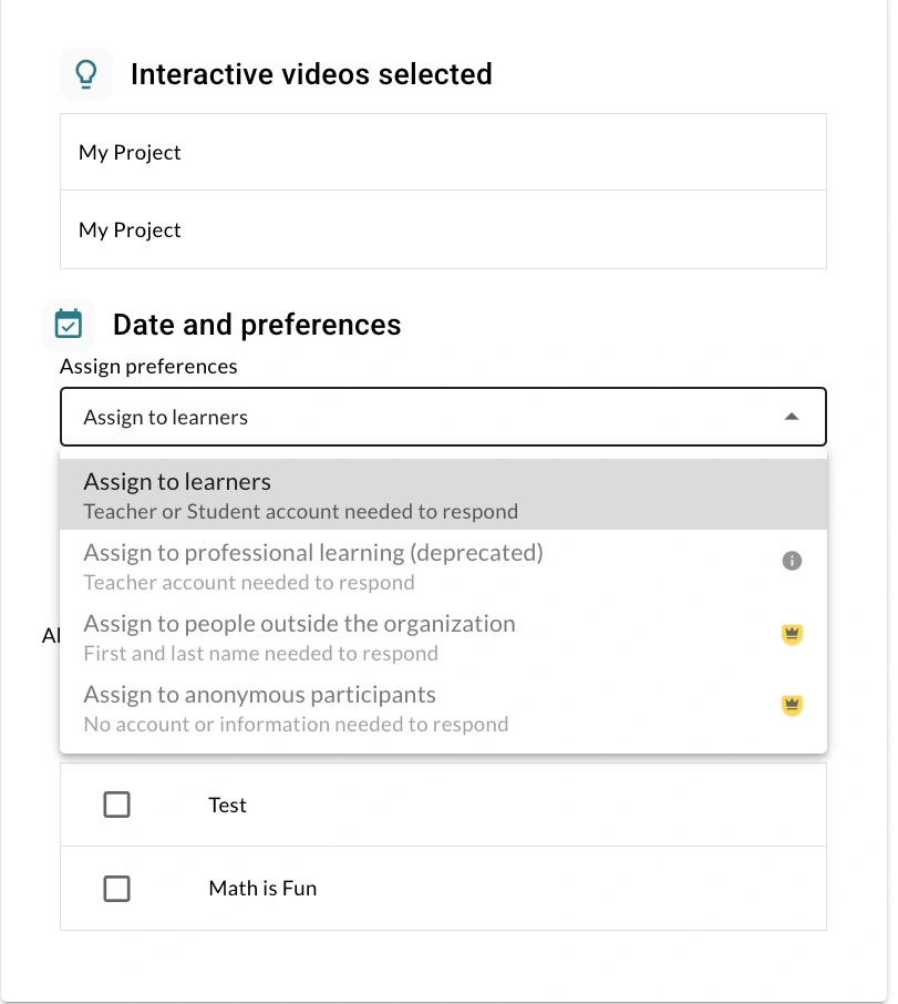 Assignment options for an interactive video made in WeVideo. 