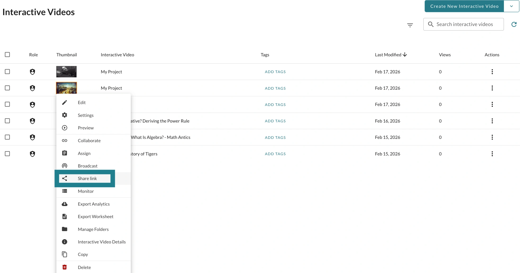 Share link option for an interactive video assignment in WeVideo. 