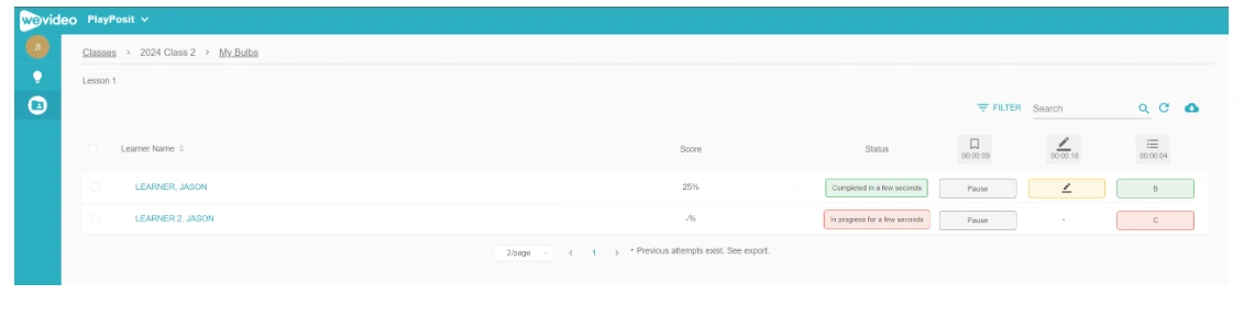 Example real-time learner data from an interactive video assigned in WeVideo. 