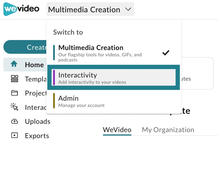 Navigating to the Interactivity space in WeVideo. 
