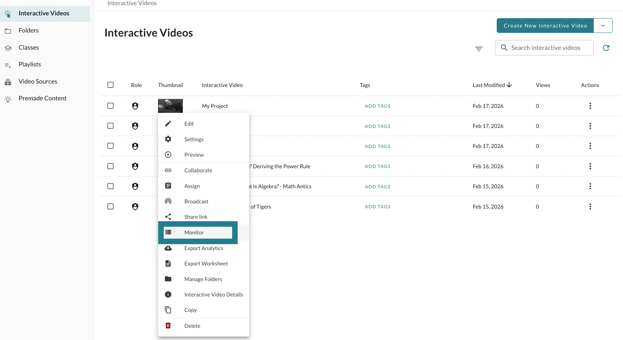 Monitor learner progress option for an interactive video assignment in WeVideo.