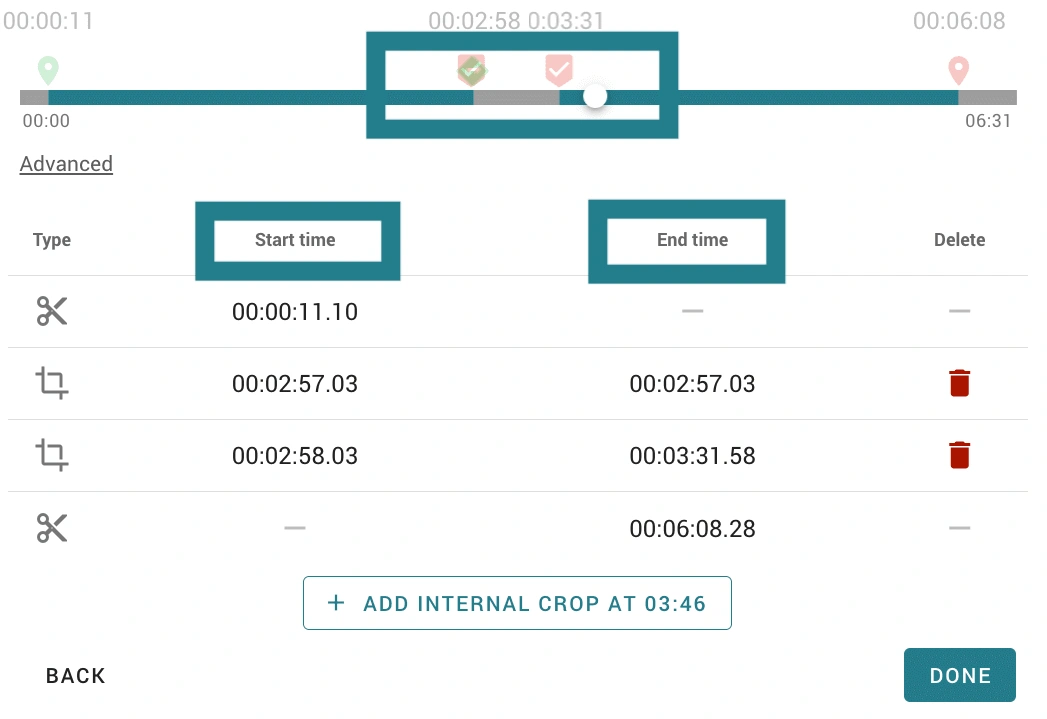 Adjusting start and end times of an internal crop in WeVideo. 