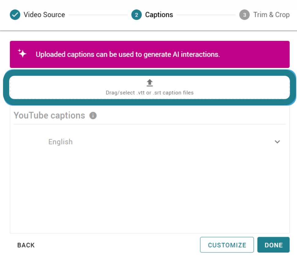 Uploading a .vtt or .srt caption file into WeViddeo for user-owned videos. 
