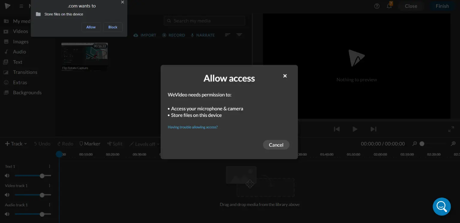 Enabling camera and microphone access in WeVideo. 