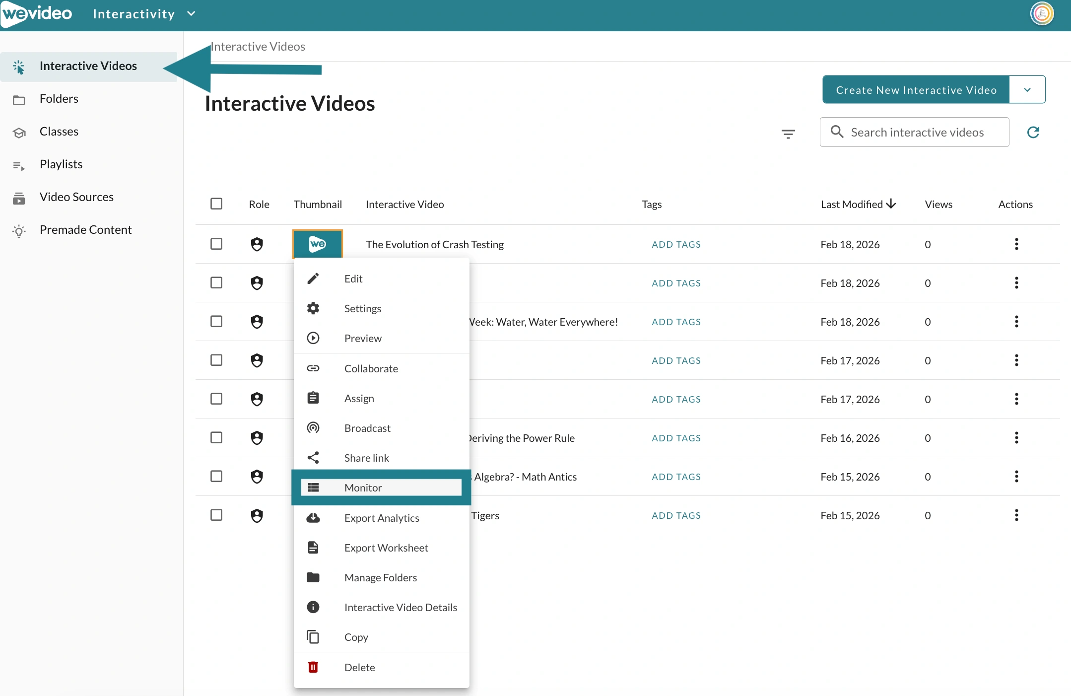 Interactive video action menu in WeVideo, highlighting how to monitor learner progress. 