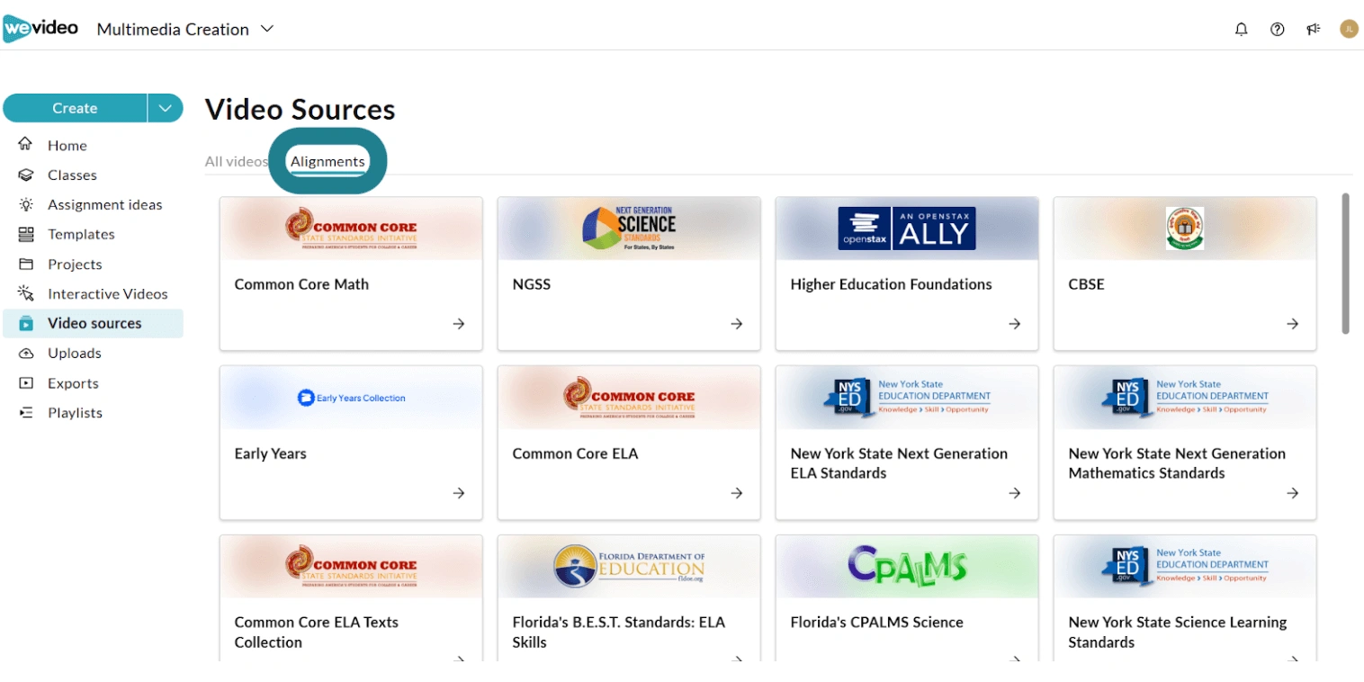 Standard Alignments tab for instructional video content in WeVideo. 