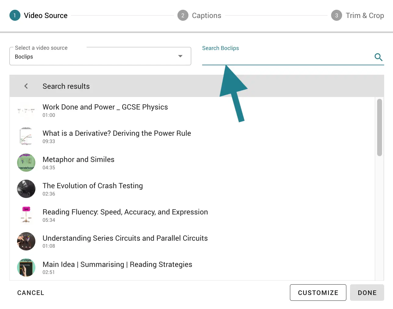 Searching the Boclips video library in WeVideo. 