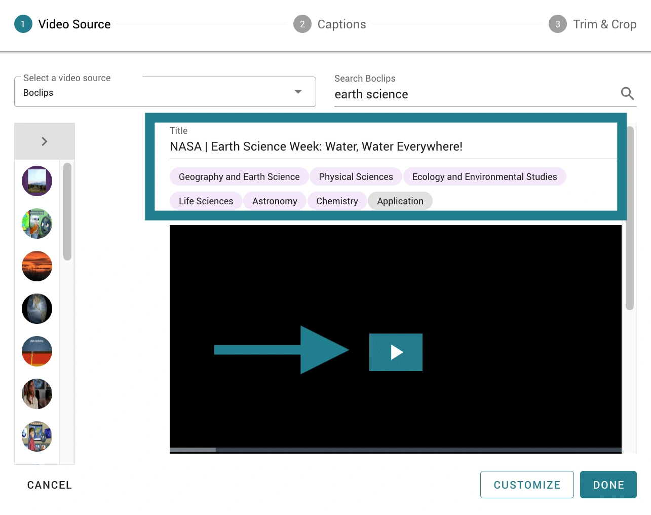 Tags and preview screen for a Boclips video in WeVideo. 