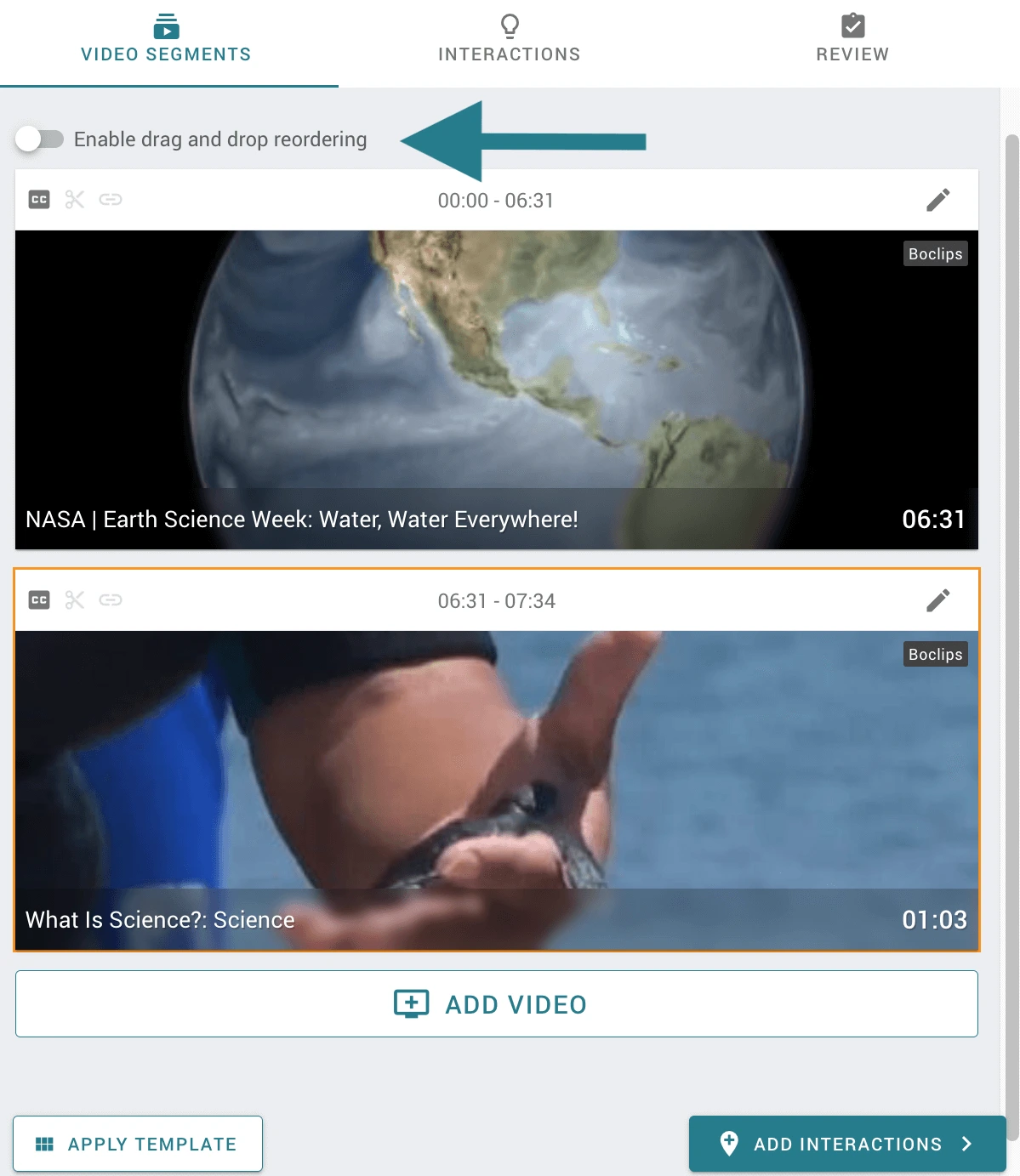 Drag-and-drop reordering toggle in WeVideo. 