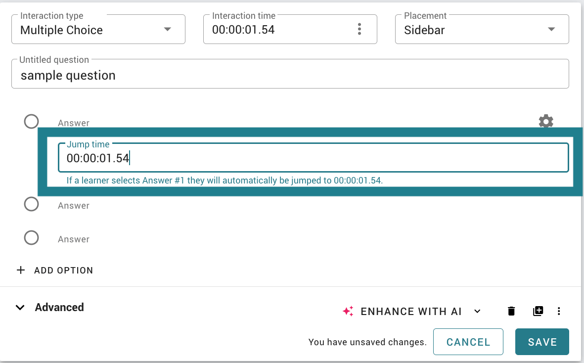Setting the timecode for a jump in WeVideo's interactive video editor. 