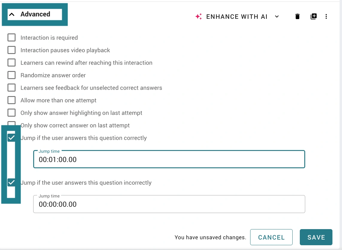 Advanced options for branched learning in WeVideo. 