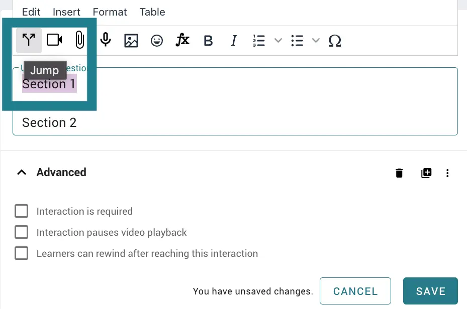 Creating a hot-spot jump button in WeVideo's interactive video editor. 