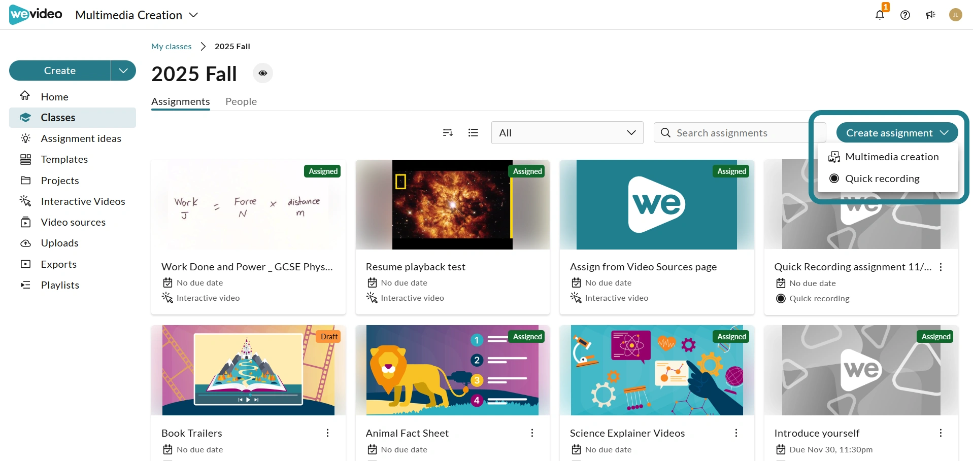 Assignments screen in a WeVideo educator account. 