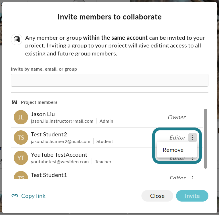 Removing a collaborator from a project in WeVideo. 