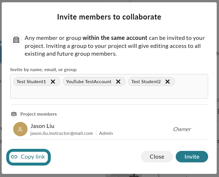 Adding collaborators in WeVideo via a copy link. 