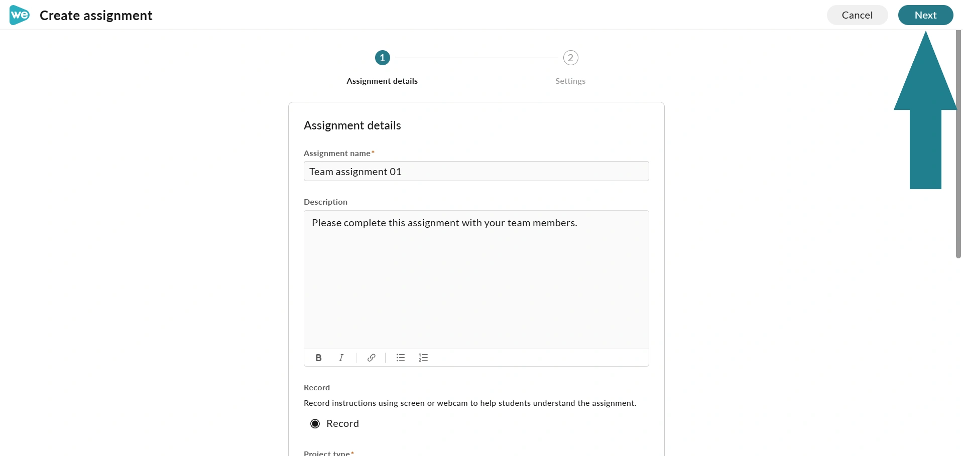 Assignment details screen in a WeVideo educator account. 