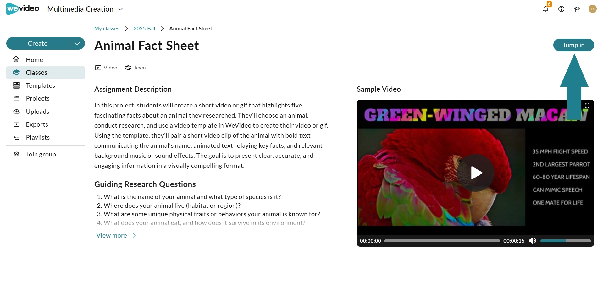 Student project info screen in WeVideo. 