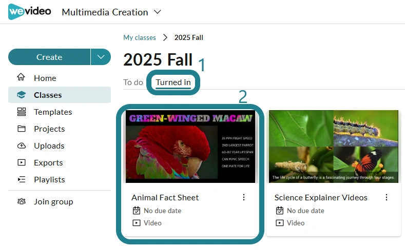 Turned In tab in WeVideo for viewing a video after submission. 