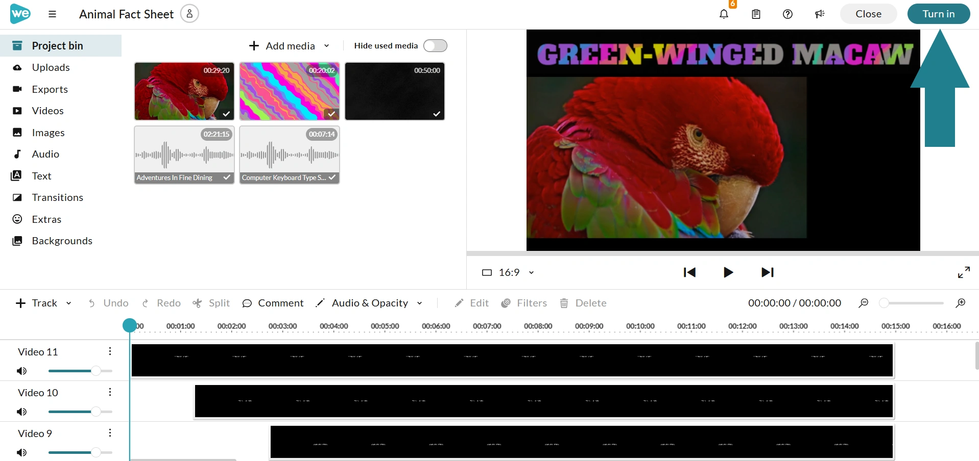WeVideo editor with footage on Timeline. Arrow pointing at Turn In button. 