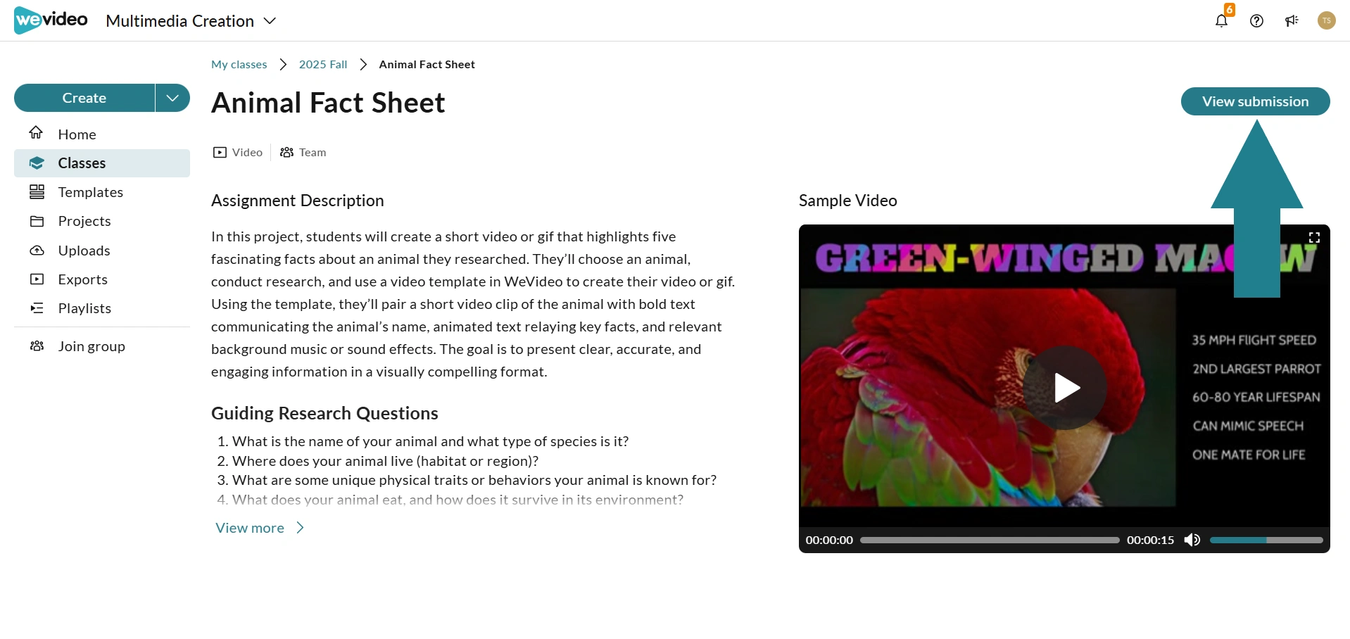 View submission button in WeVideo for students to view their video projects after submission. 