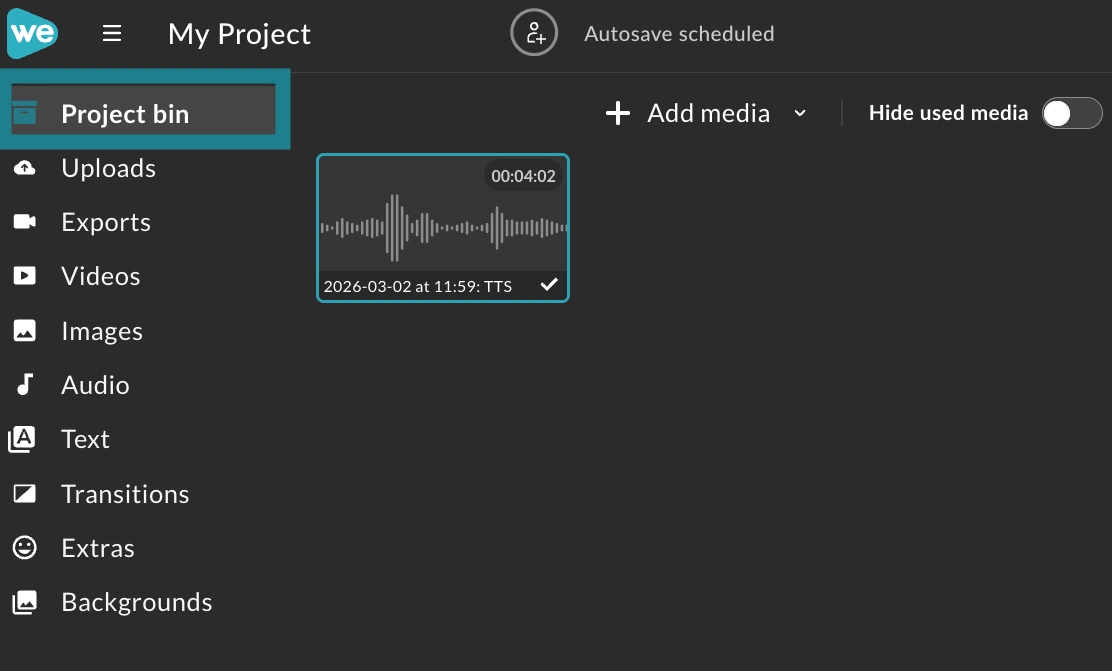 Project bin tab in WeVideo. 