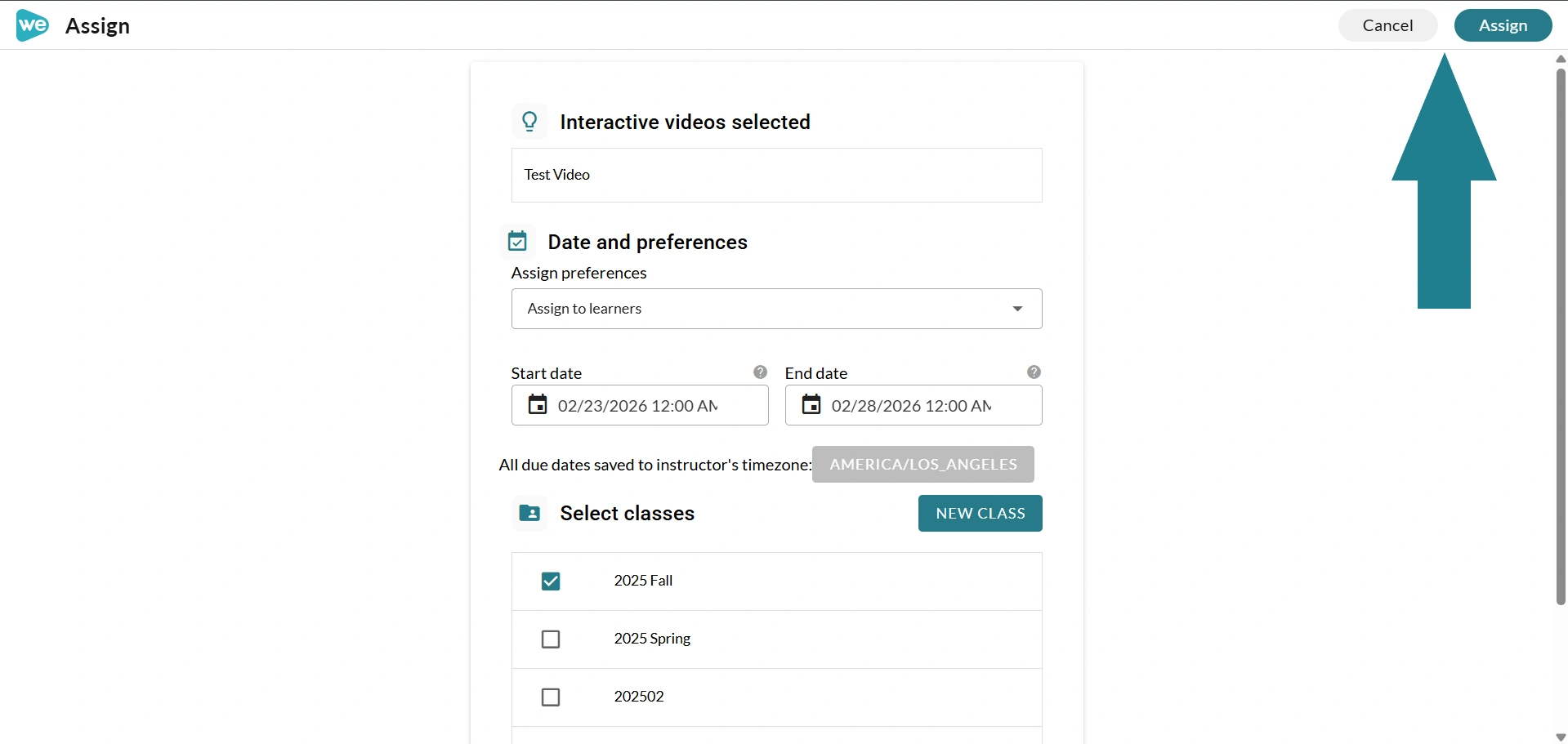 Assign button for assigning an interactive video to learners in WeVideo. 