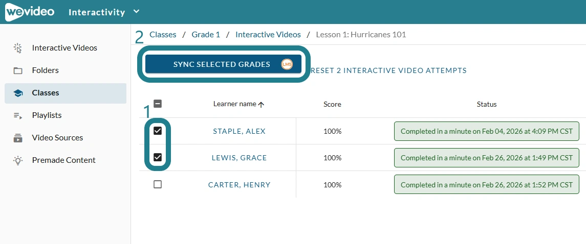 Sync Selected Grades button for LTI integration in WeVideo. 