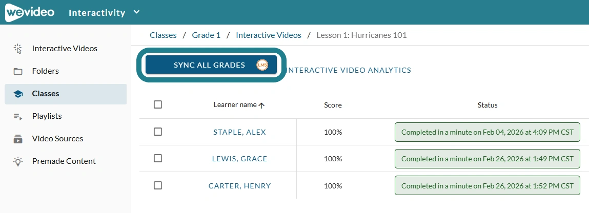 Sync All Grades button for LTI integration in WeVideo. 