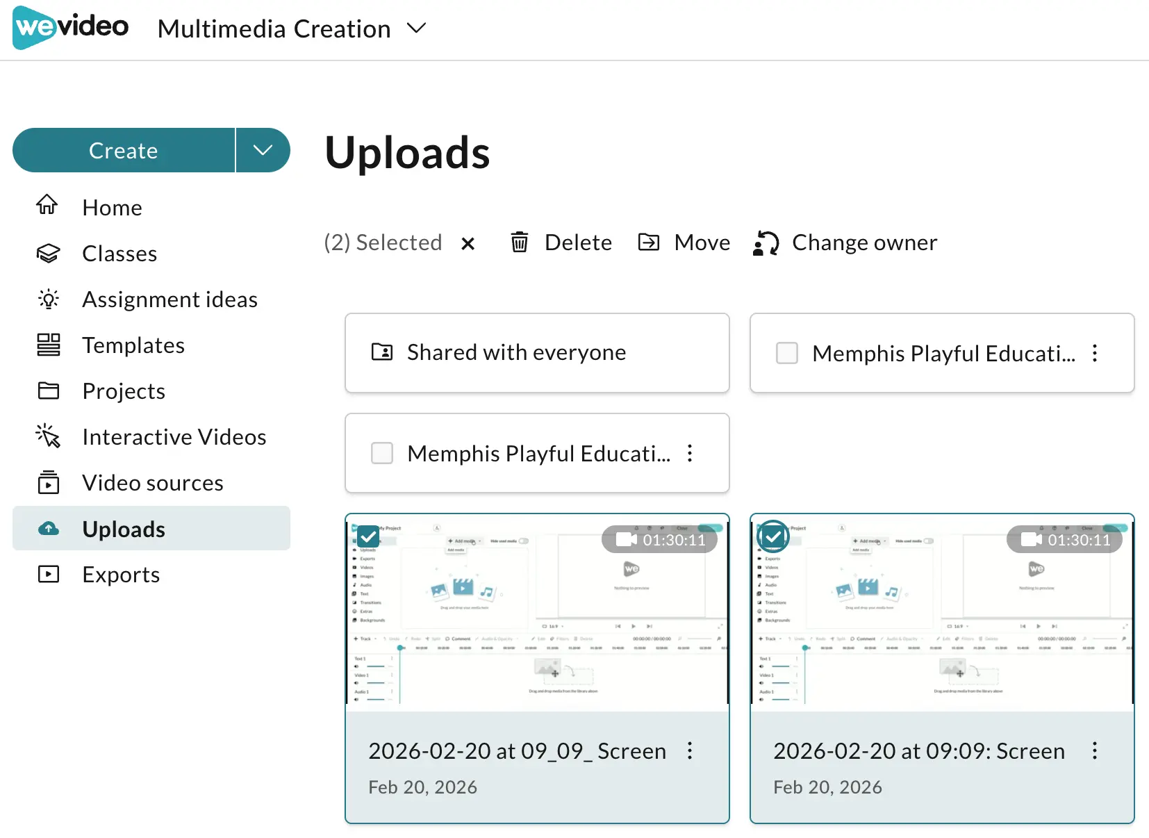 Bulk managing media options from the Uploads tab in WeVideo. 