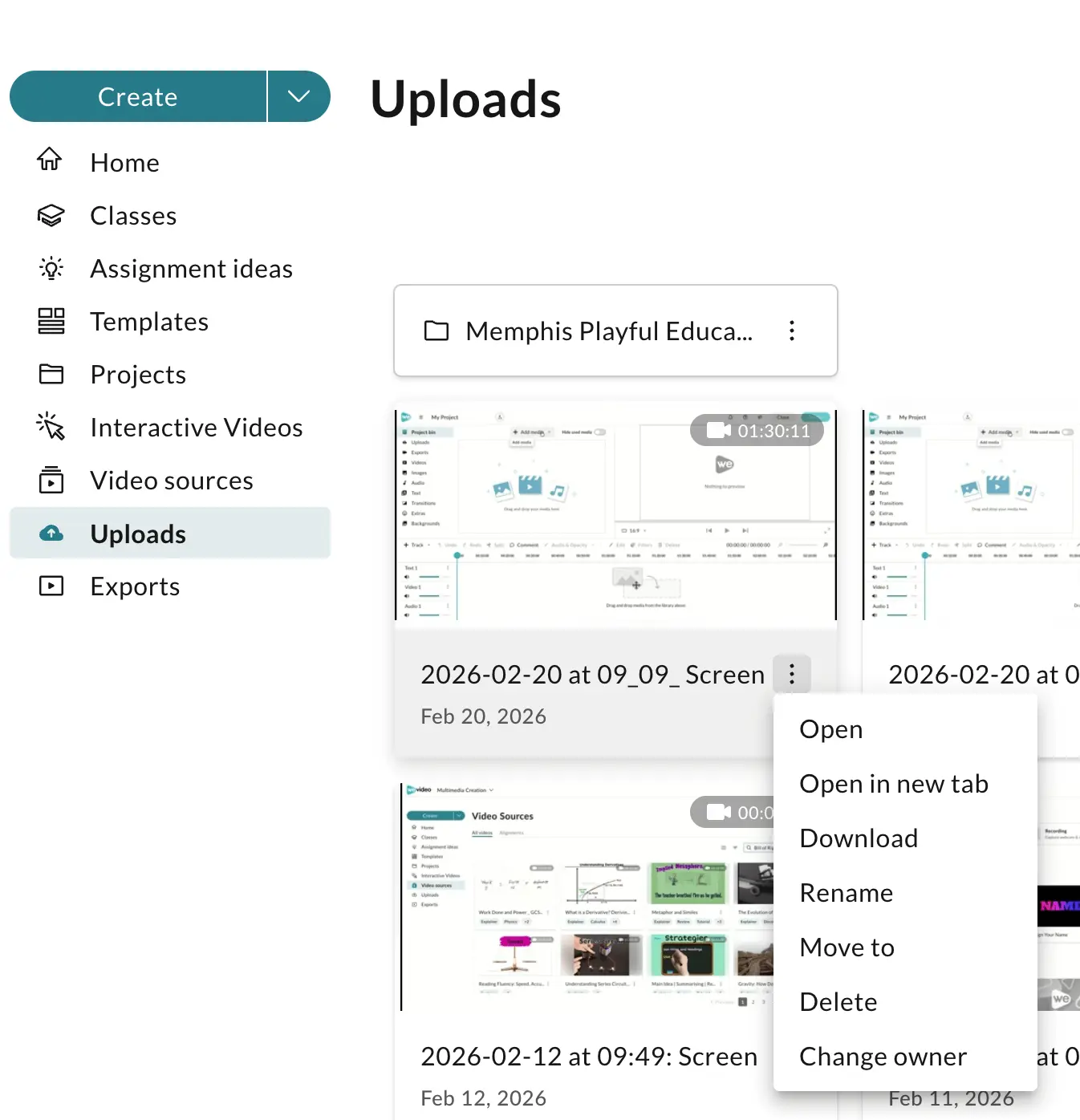 Managing a media file from the Uploads tab in WeVideo. 
