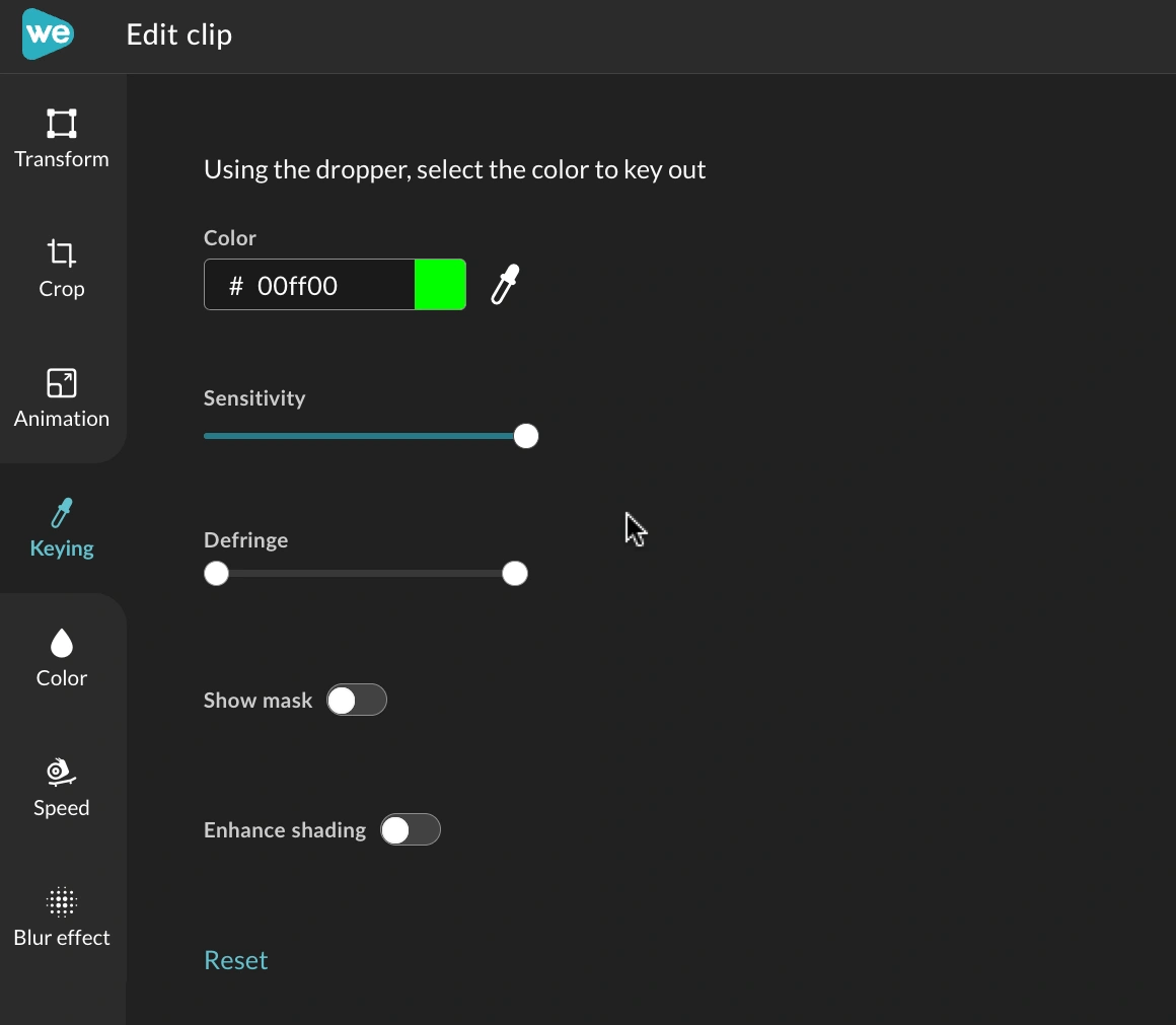 The Clip Editor keying options in WeVideo. 