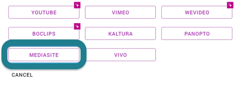 Choosing Mediasite from the external video host menu in WeVideo. 