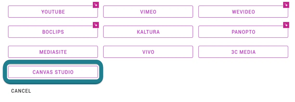 Choosing Canvas Studio from the external video host menu in WeVideo. 