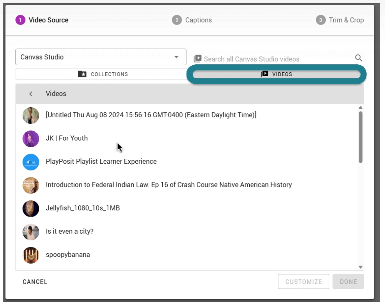 Searching for a video in Canvas Studio directly from WeVideo. 