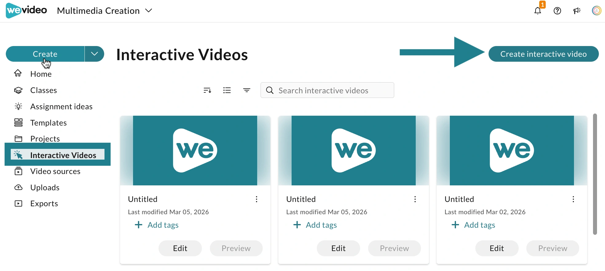 Accessing the Interactive Videos tab from WeVideo's Multimedia Creation space. 