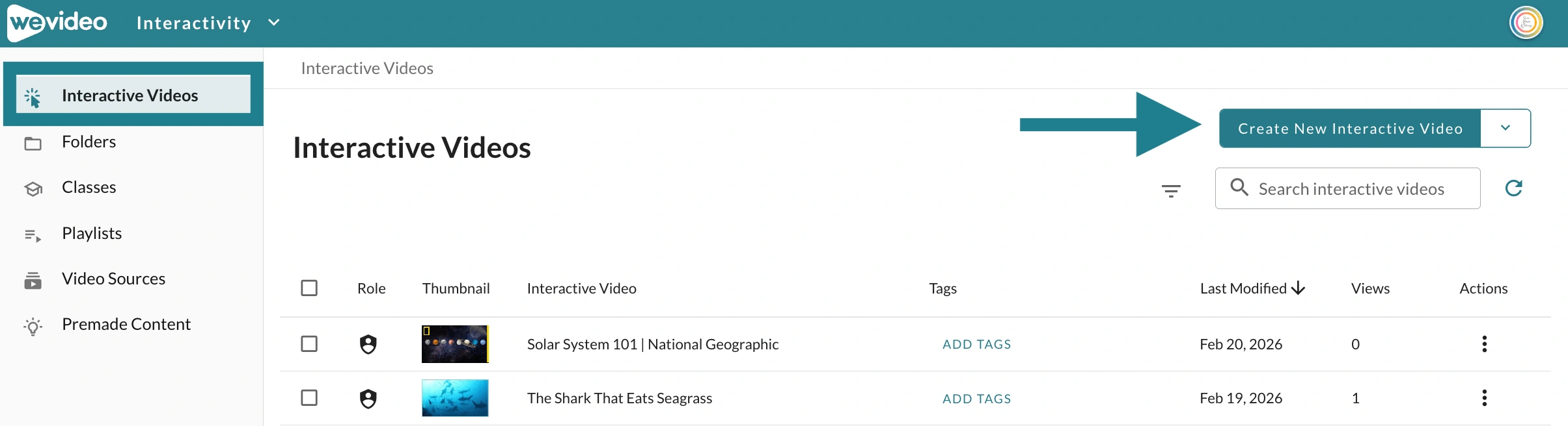 Accessing the Interactive Videos tab from WeVideo's Interactivity space. 