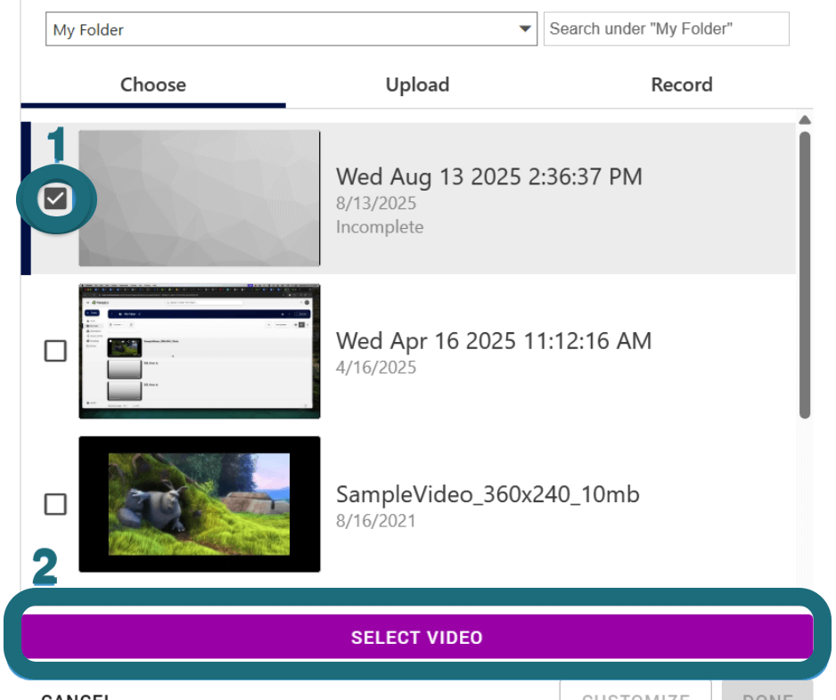 Selecting a video from Panopto to edit in WeVideo. 