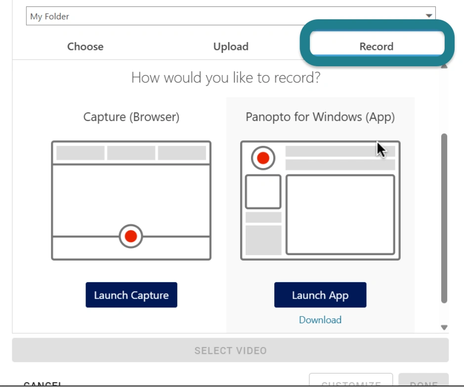 Recording a video via Panopto from WeVideo's interactive video editor. 